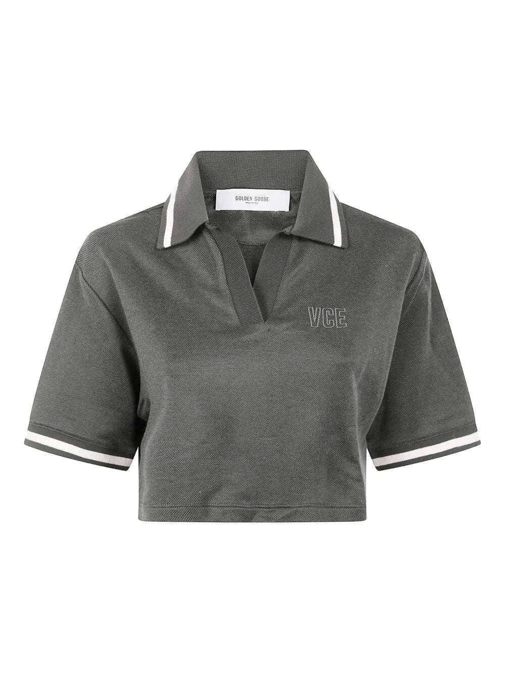 Golden Goose Women "Journey W`S" Medium Crop Polo Fluid Jersey Knitted Rib Micro Piquet Tonal Embroidery
