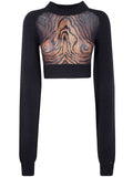 Jean Paul Gaultier Women Lambswool Ribbed Long Sleeves Cropped Sweater With Printed Mesh Cut Out Details