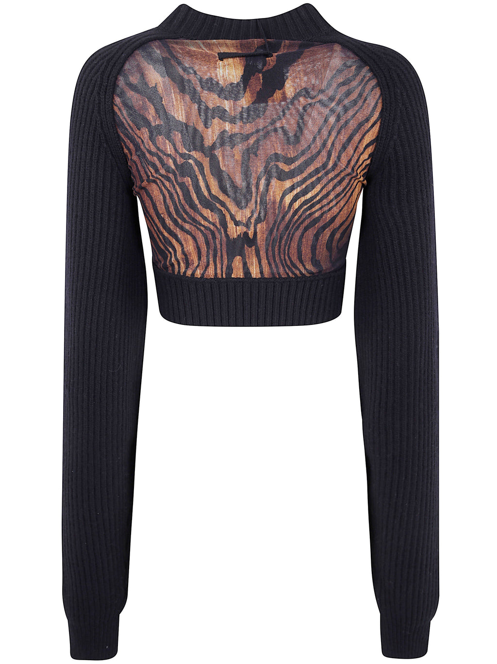 Jean Paul Gaultier Women Lambswool Ribbed Long Sleeves Cropped Sweater With Printed Mesh Cut Out Details