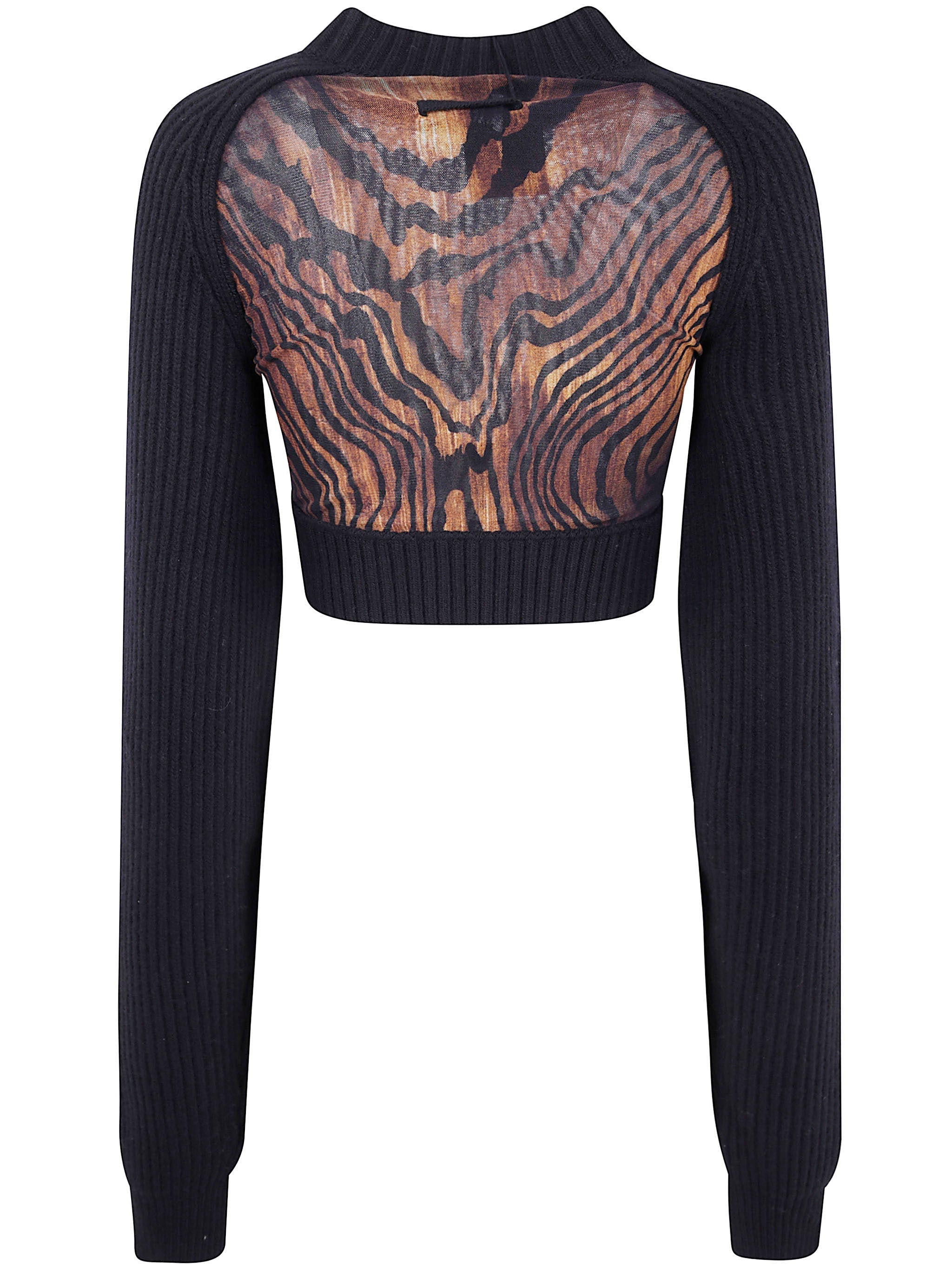 Jean Paul Gaultier Women Lambswool Ribbed Long Sleeves Cropped Sweater With Printed Mesh Cut Out Details