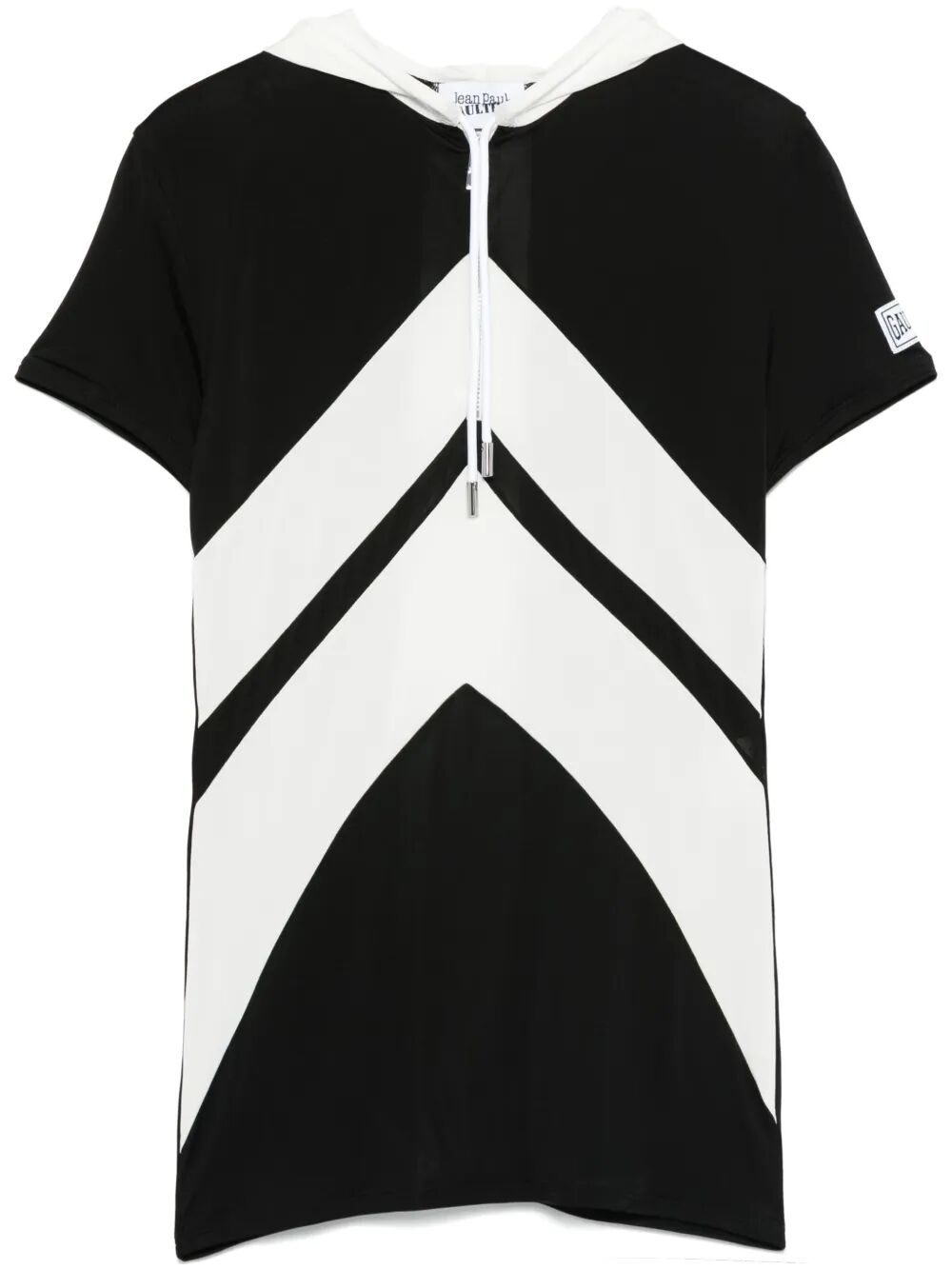 Jean Paul Gaultier Women Viscose Baby Tee Shirt With Inlaid Chevron, "Gaultier" Patch Detail And Hood