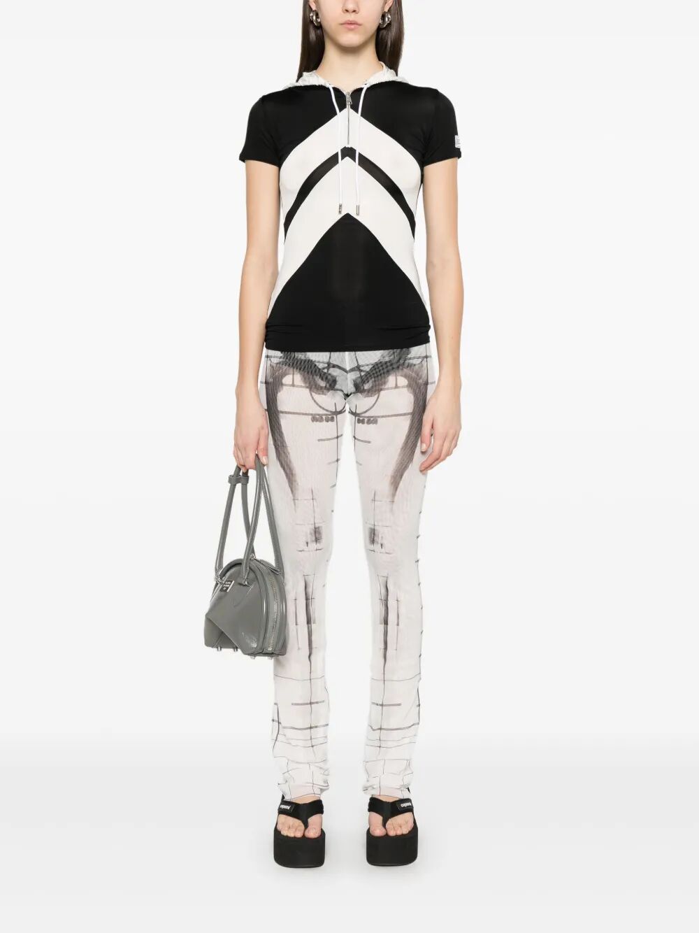 Jean Paul Gaultier Women Viscose Baby Tee Shirt With Inlaid Chevron, "Gaultier" Patch Detail And Hood
