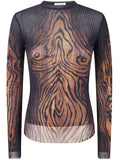 Jean Paul Gaultier Women Mesh Long Sleeves Top Printed "Wood"