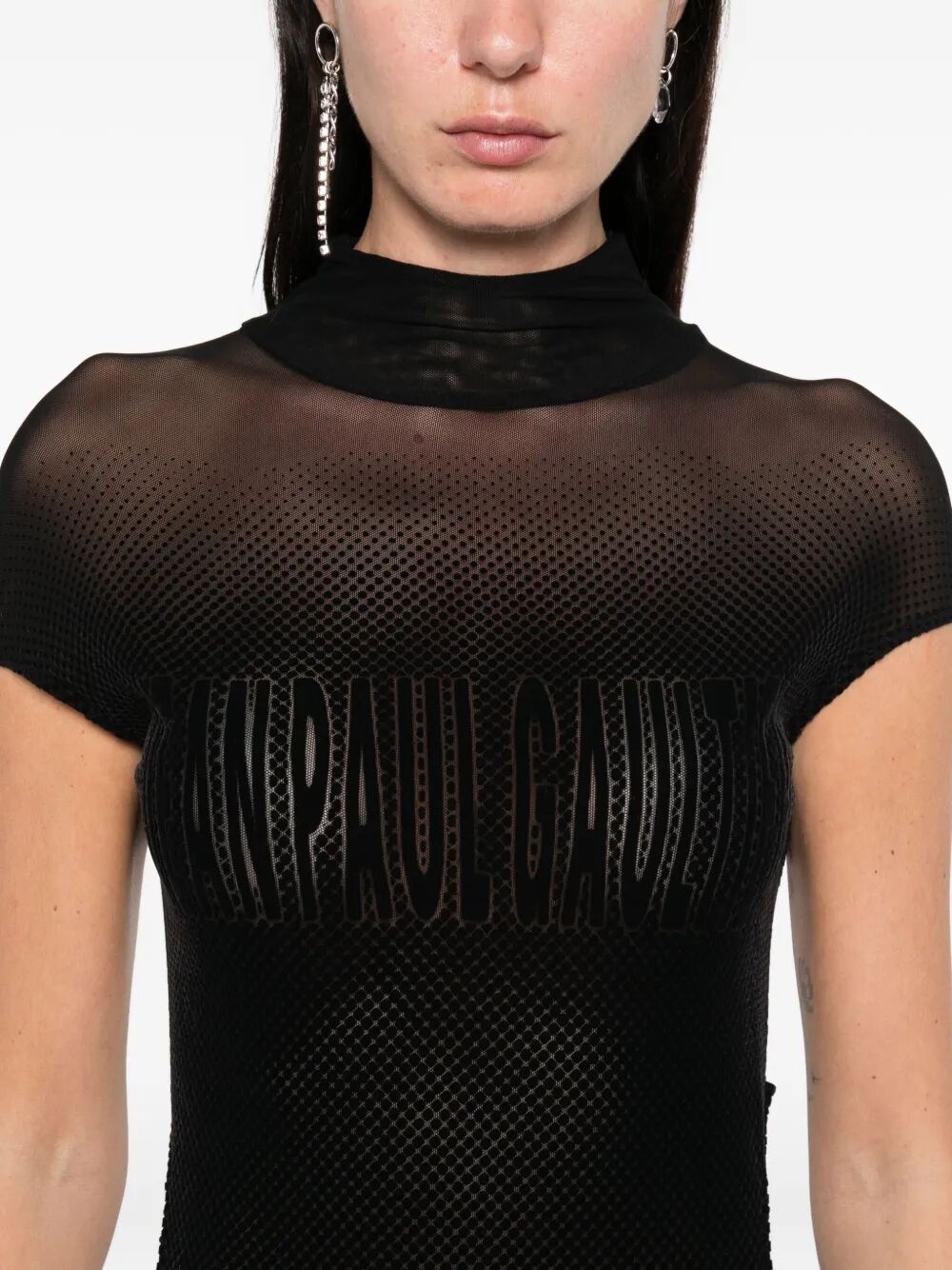 Jean Paul Gaultier Women Mesh Sleeveless Long Dress With Velvet Flock "Jean Paul Gaultier"