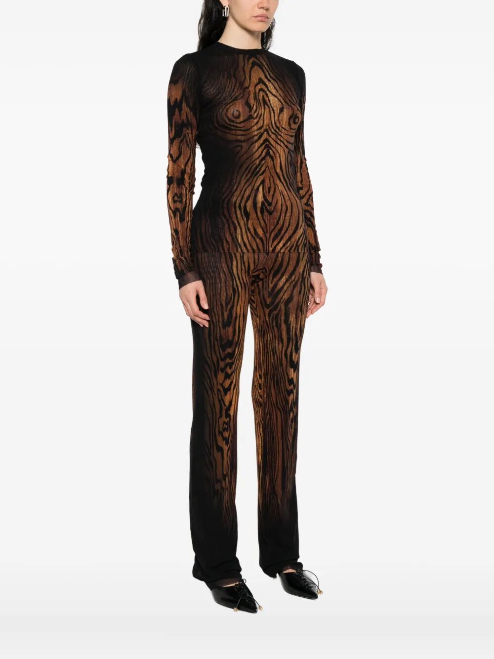 Jean Paul Gaultier Women Mesh Long Sleeves Top Printed "Wood"