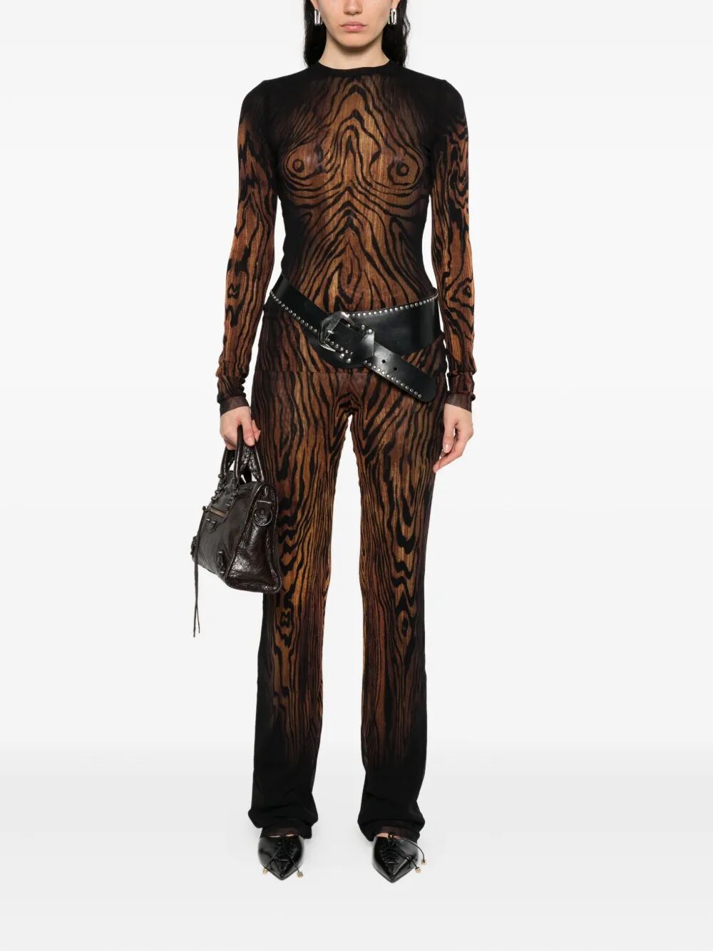 Jean Paul Gaultier Women Mesh Long Sleeves Top Printed "Wood"