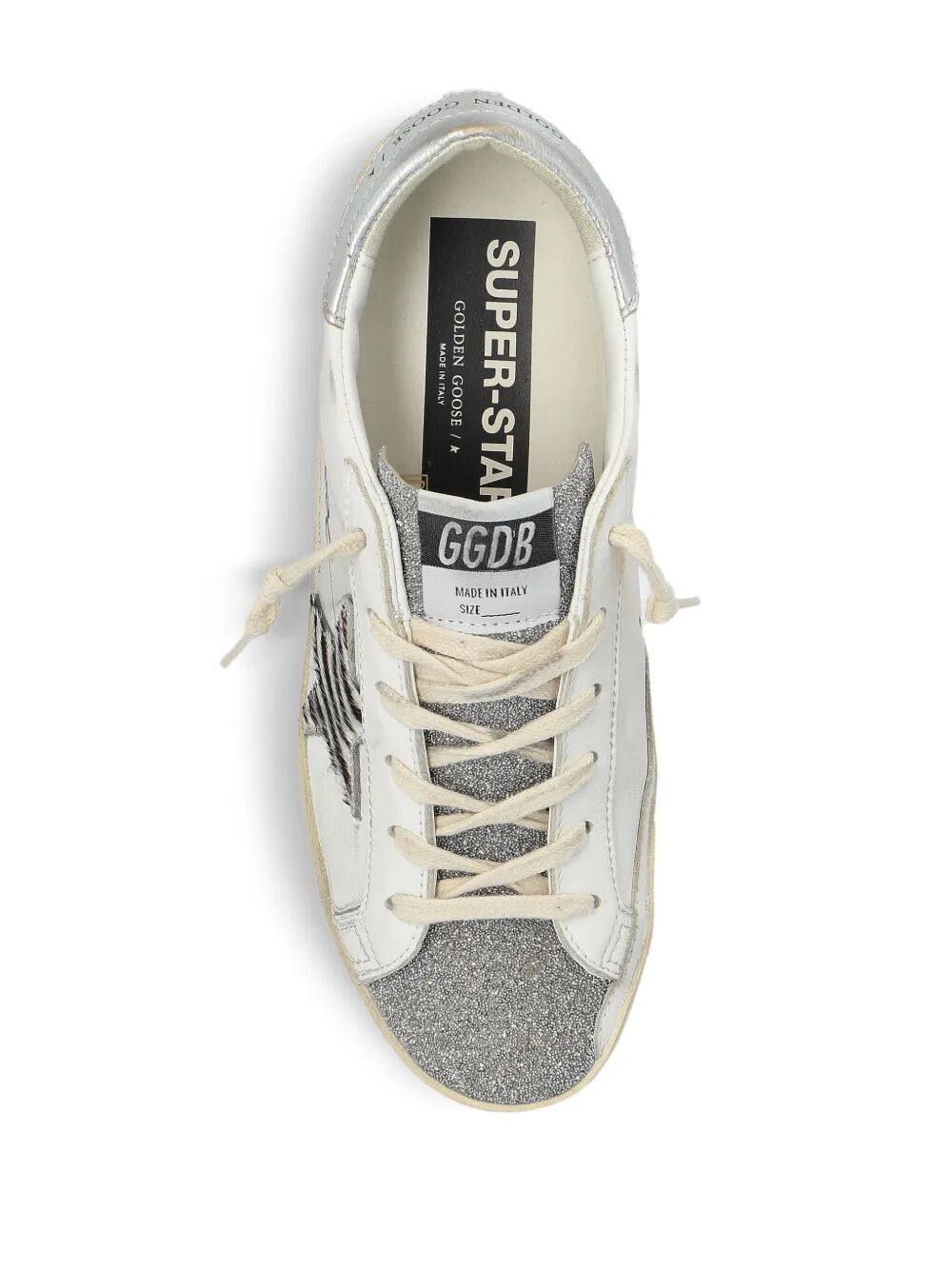 Golden Goose Women "Super Star" Leather Upper With Signature Crystal Toe And Tongue Zebra Horsy Star Laminated Heel