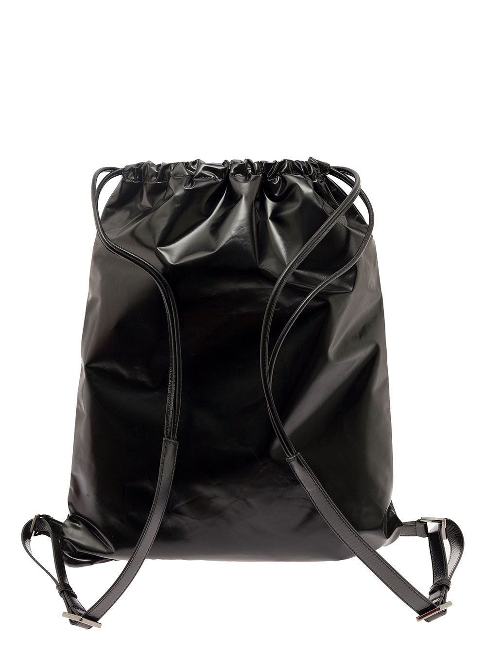 Valentino Garavani Men Black Backpack With Drawstring And Contrasting Vltn Print In Patent Leather Man