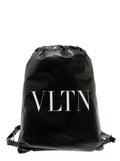 Valentino Garavani Men Black Backpack With Drawstring And Contrasting Vltn Print In Patent Leather Man