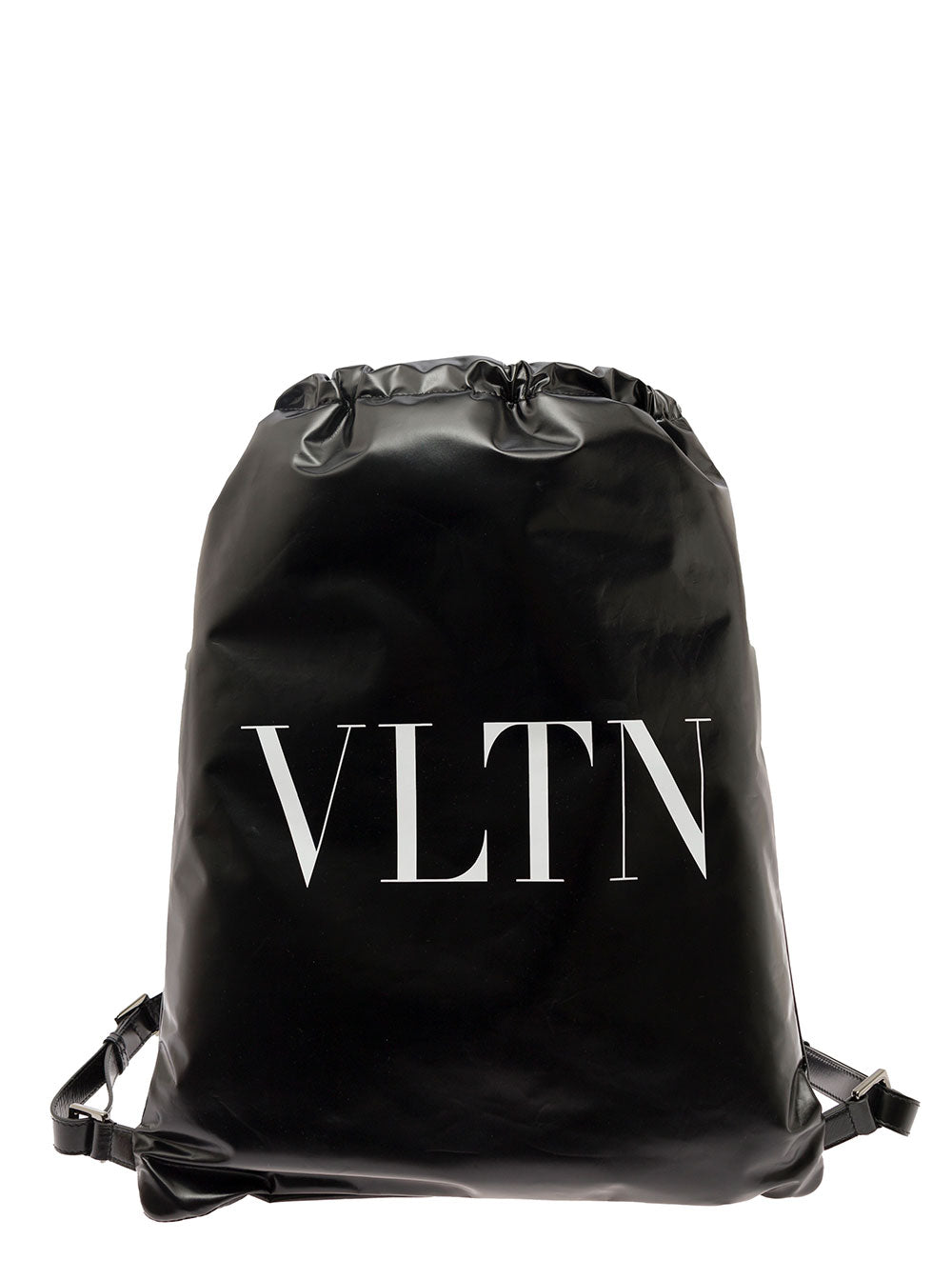 Valentino Garavani Men Black Backpack With Drawstring And Contrasting Vltn Print In Patent Leather Man