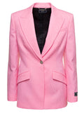 Versace Women Pink Single-Breasted Jacket With All-Over Tonal Logo Lettering Print In Wool Woman