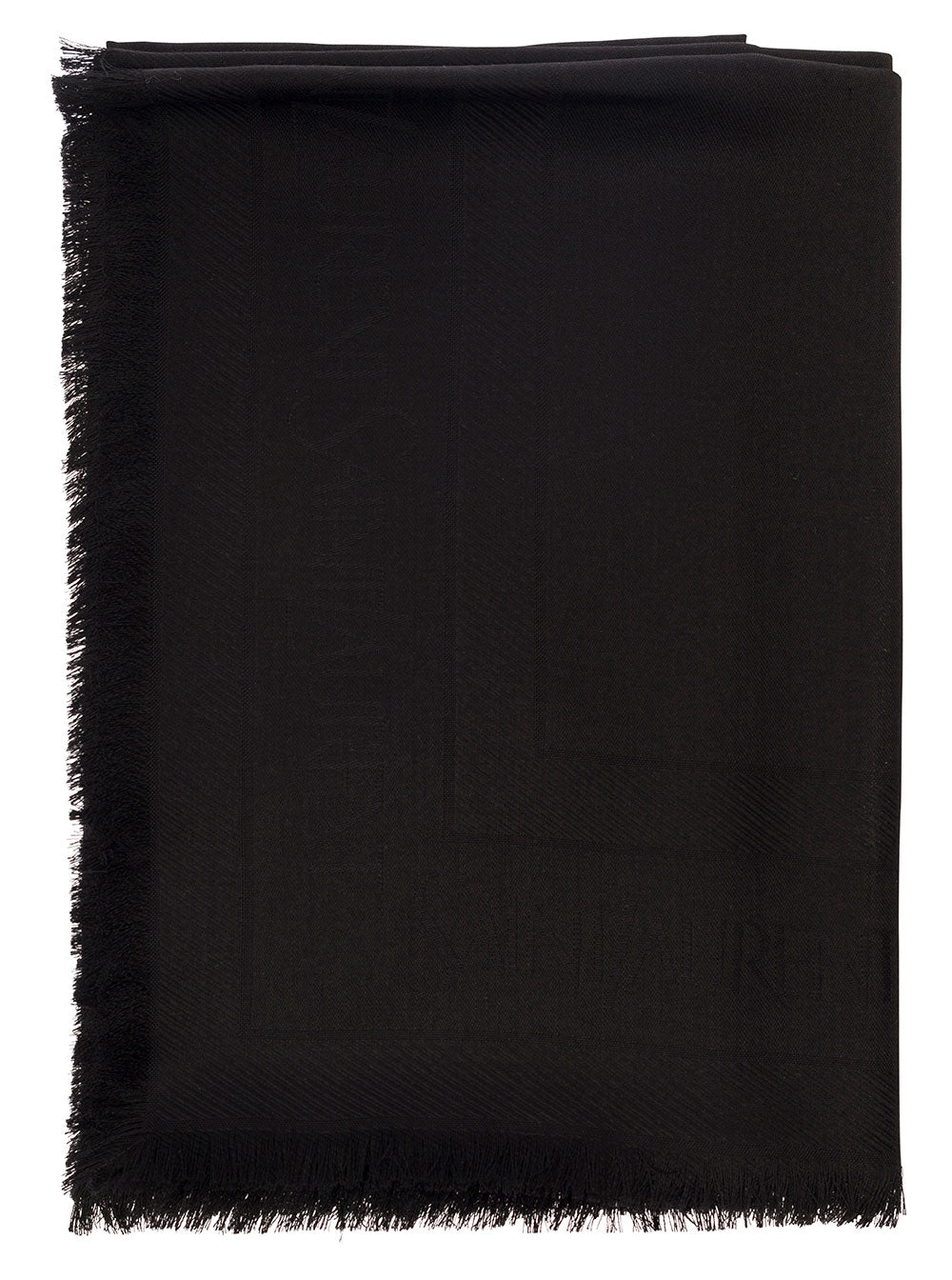 Saint Laurent Men Black Scarf With Jacquard Logo And Fringed Hem In Wool And Silk Man