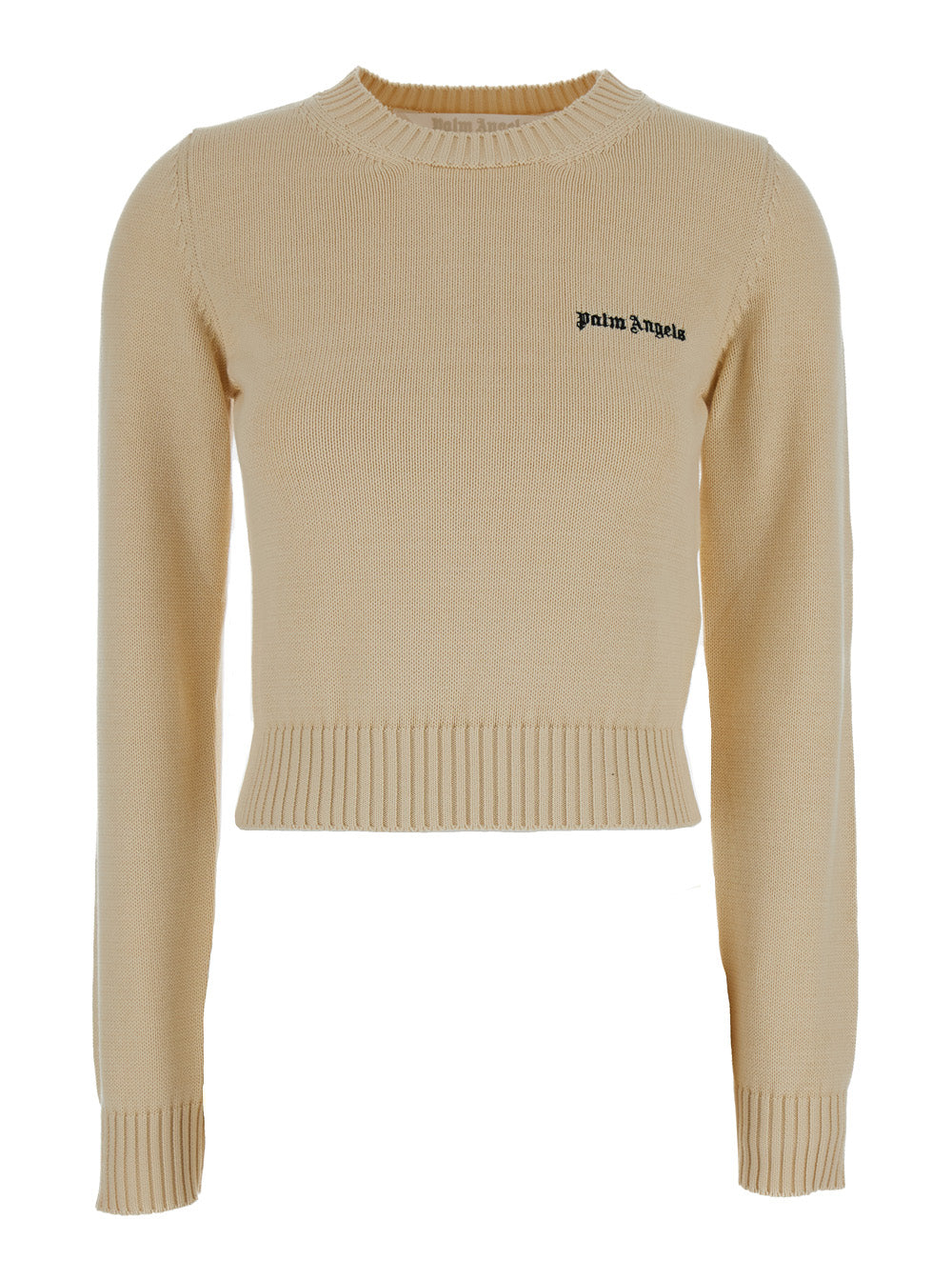 Palm Angels Women Cream White Crewneck Sweater With Embroidered Logo In Cotton Woman