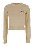 Palm Angels Women Cream White Crewneck Sweater With Embroidered Logo In Cotton Woman