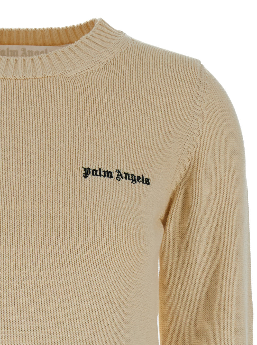 Palm Angels Women Cream White Crewneck Sweater With Embroidered Logo In Cotton Woman