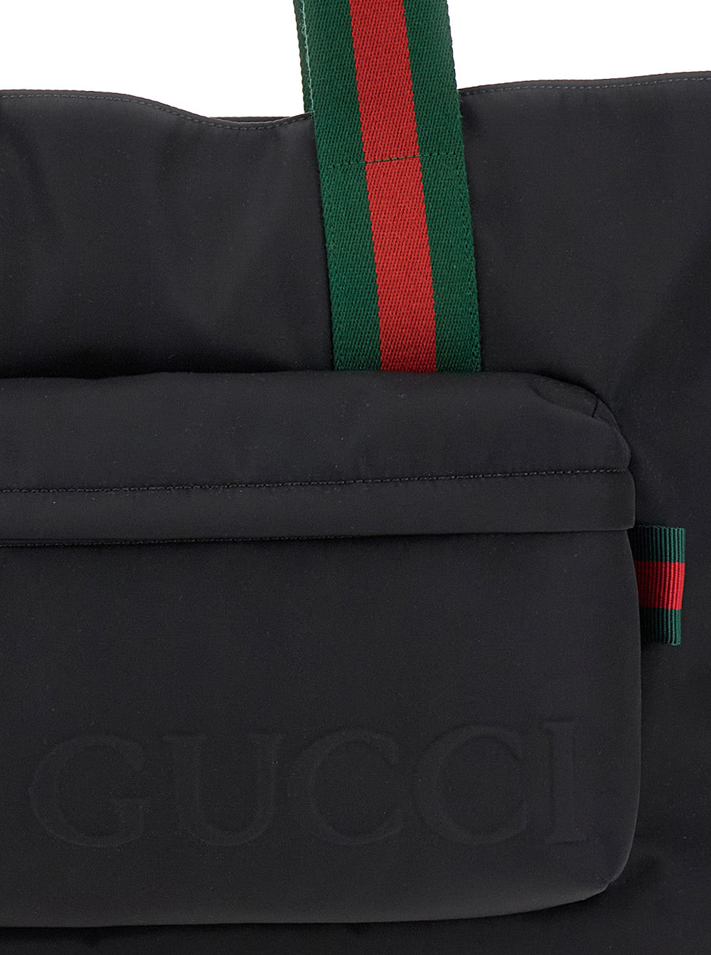 Gucci Men Black Tote Bag With Web Handles And Logo Lettering On The Front In Tech Fabric Man