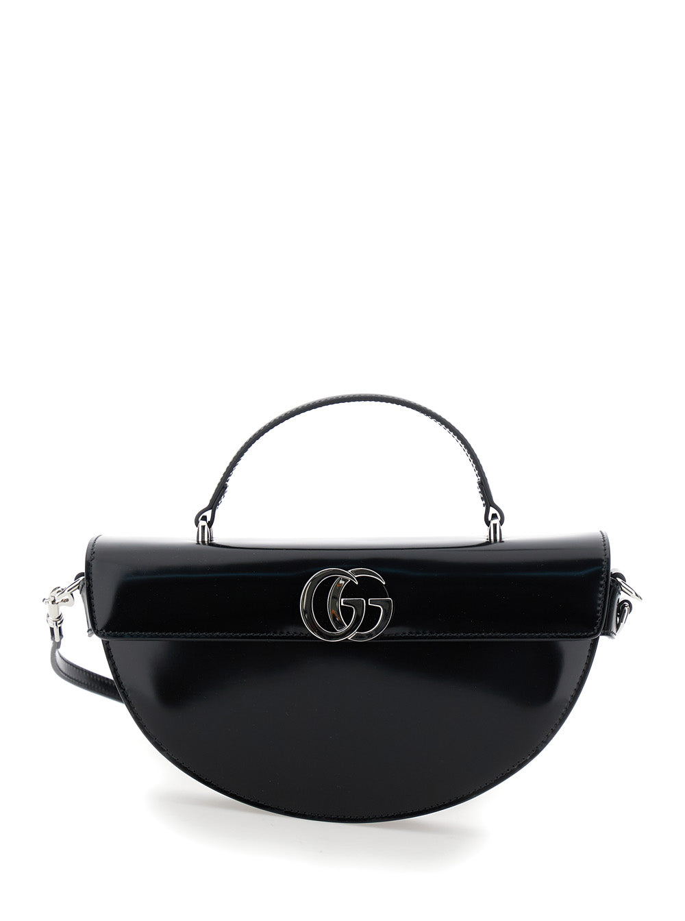 Gucci Women Black Half Moon Shaped Handbag With Double G Logo Plaque On The Front And Removable Shoulder Strap In Patent Leather Woman