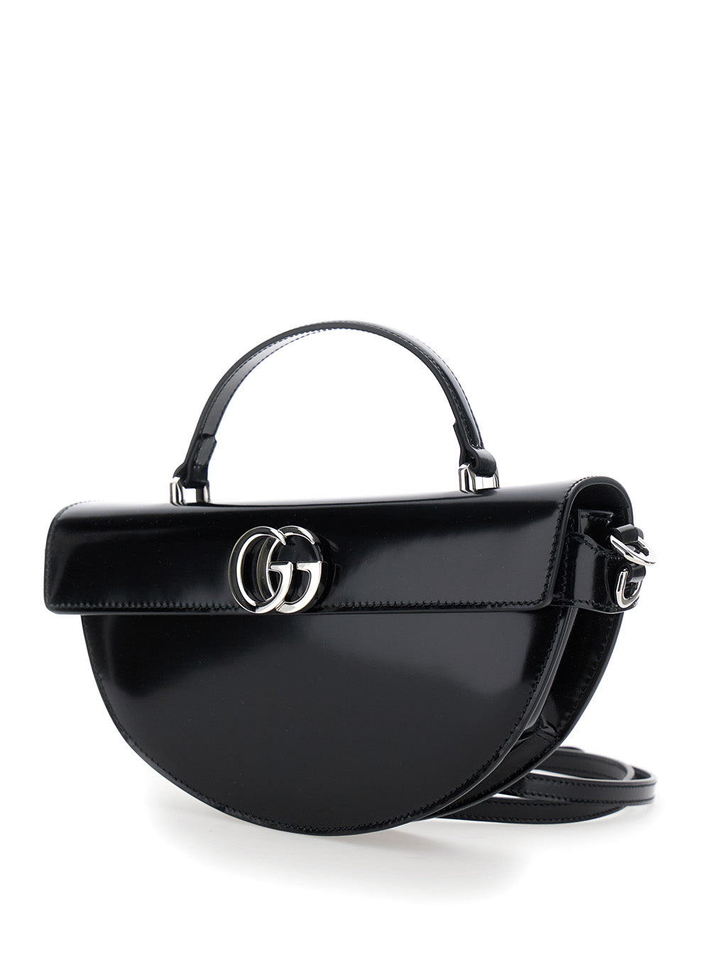 Gucci Women Black Half Moon Shaped Handbag With Double G Logo Plaque On The Front And Removable Shoulder Strap In Patent Leather Woman
