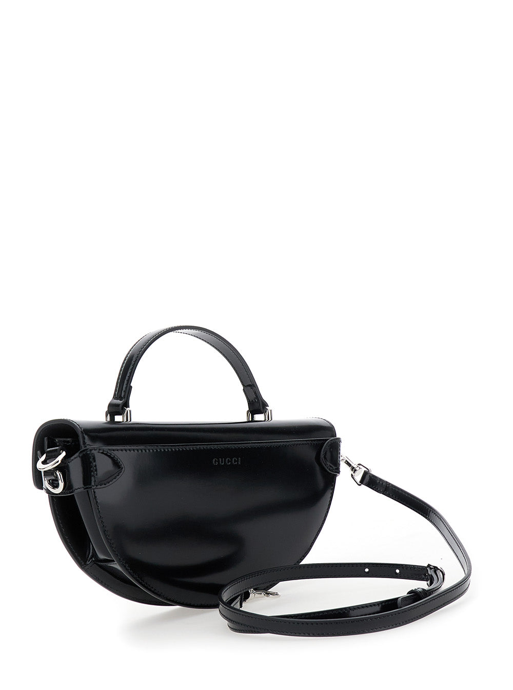 Gucci Women Black Half Moon Shaped Handbag With Double G Logo Plaque On The Front And Removable Shoulder Strap In Patent Leather Woman
