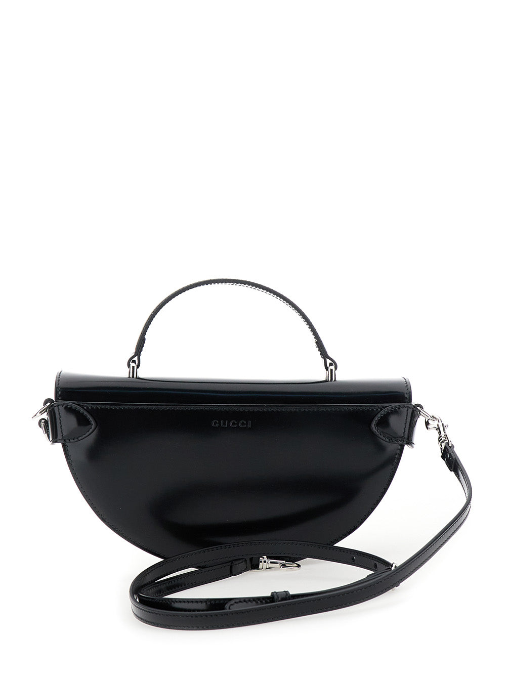Gucci Women Black Half Moon Shaped Handbag With Double G Logo Plaque On The Front And Removable Shoulder Strap In Patent Leather Woman