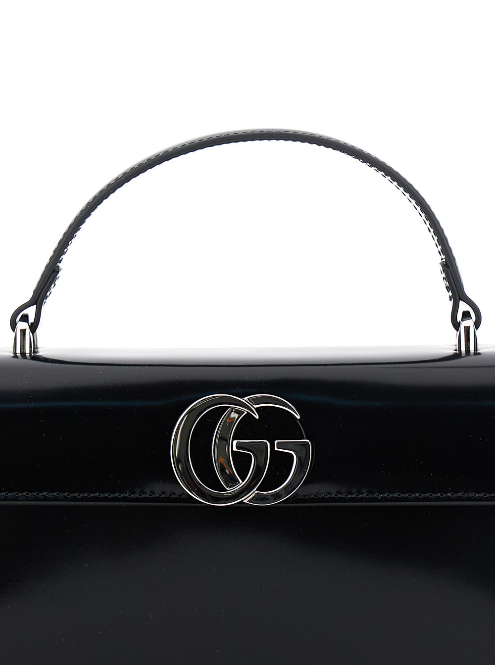 Gucci Women Black Half Moon Shaped Handbag With Double G Logo Plaque On The Front And Removable Shoulder Strap In Patent Leather Woman