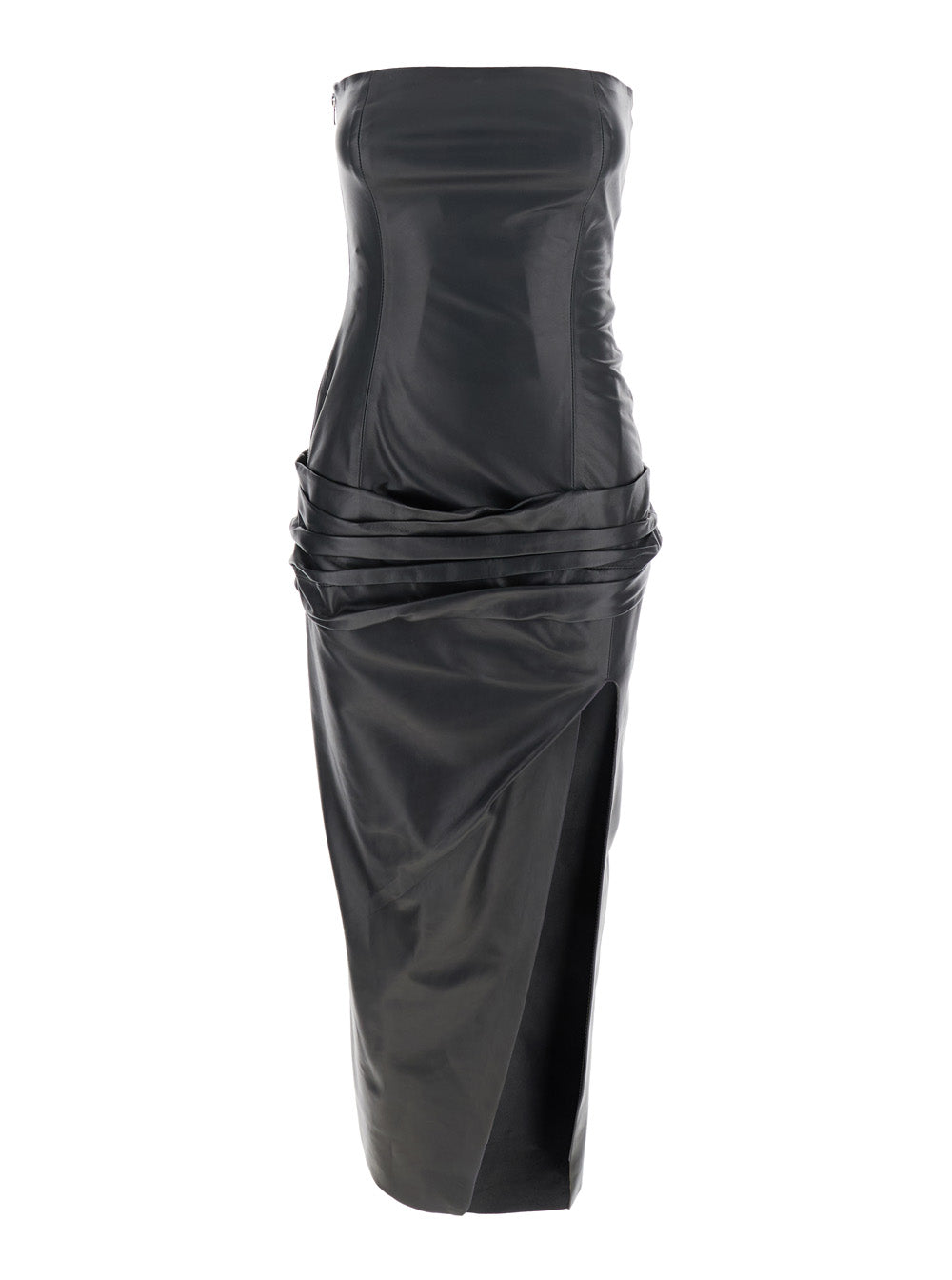 The Attico Women Black Sleeveless Off-Shoulder Midi Dress With Front Single Slit And Ruched Waist In Leather Woman