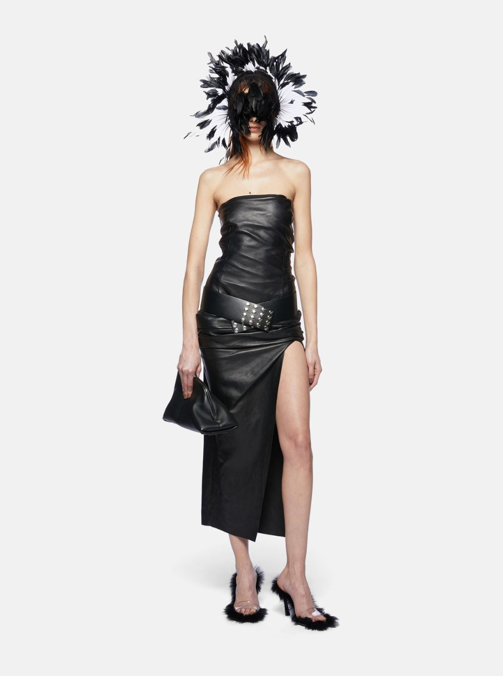 The Attico Women Black Sleeveless Off-Shoulder Midi Dress With Front Single Slit And Ruched Waist In Leather Woman