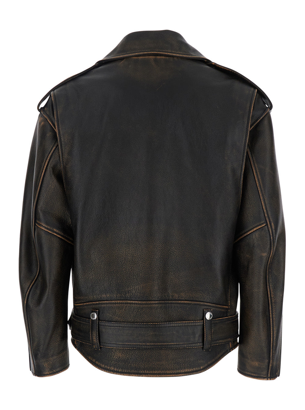 Alexander Mcqueen Women Antiqued Brown Biker Jacket With Wide Classic Lapels And Decentralized Zip Closure In Leather Woman