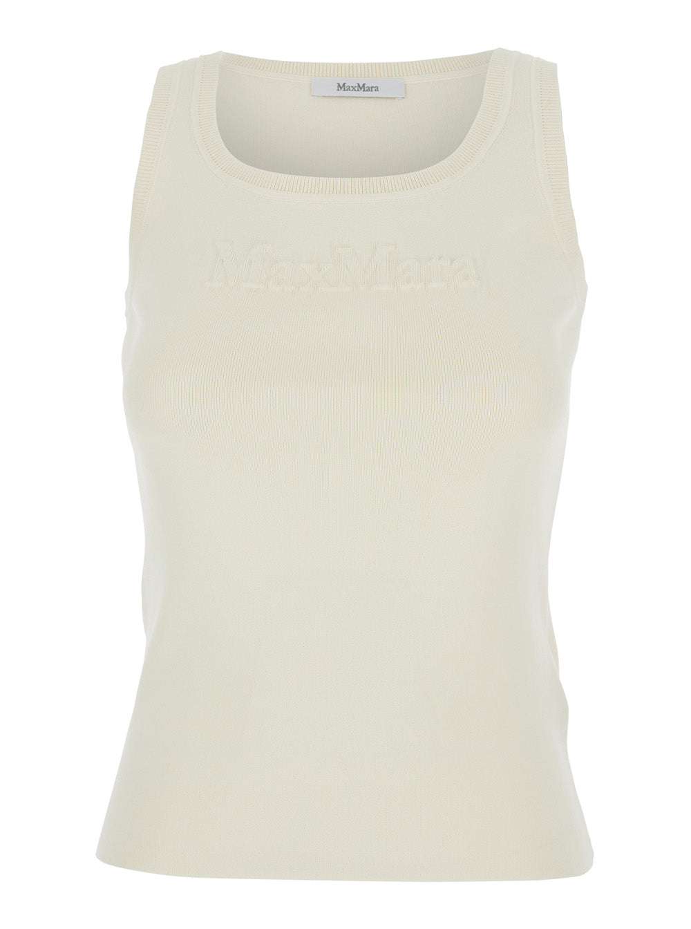 Max Mara Women 'Pentola' White Sleeveless Top With Square Neck And Tonal Logo Lettering Embroidery On The Front In Viscose Blend Woman