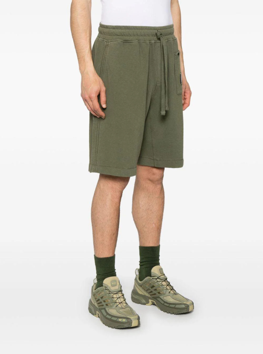 C.P. Company Men Green Shorts With Elastic Drawstring Waist And Logo Plaque On The Front In Cotton Man
