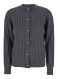 Bottega Veneta Women Grey Crewneck Cardigan With Knot Buttons Closure And Ribbed Knit In Wool Woman