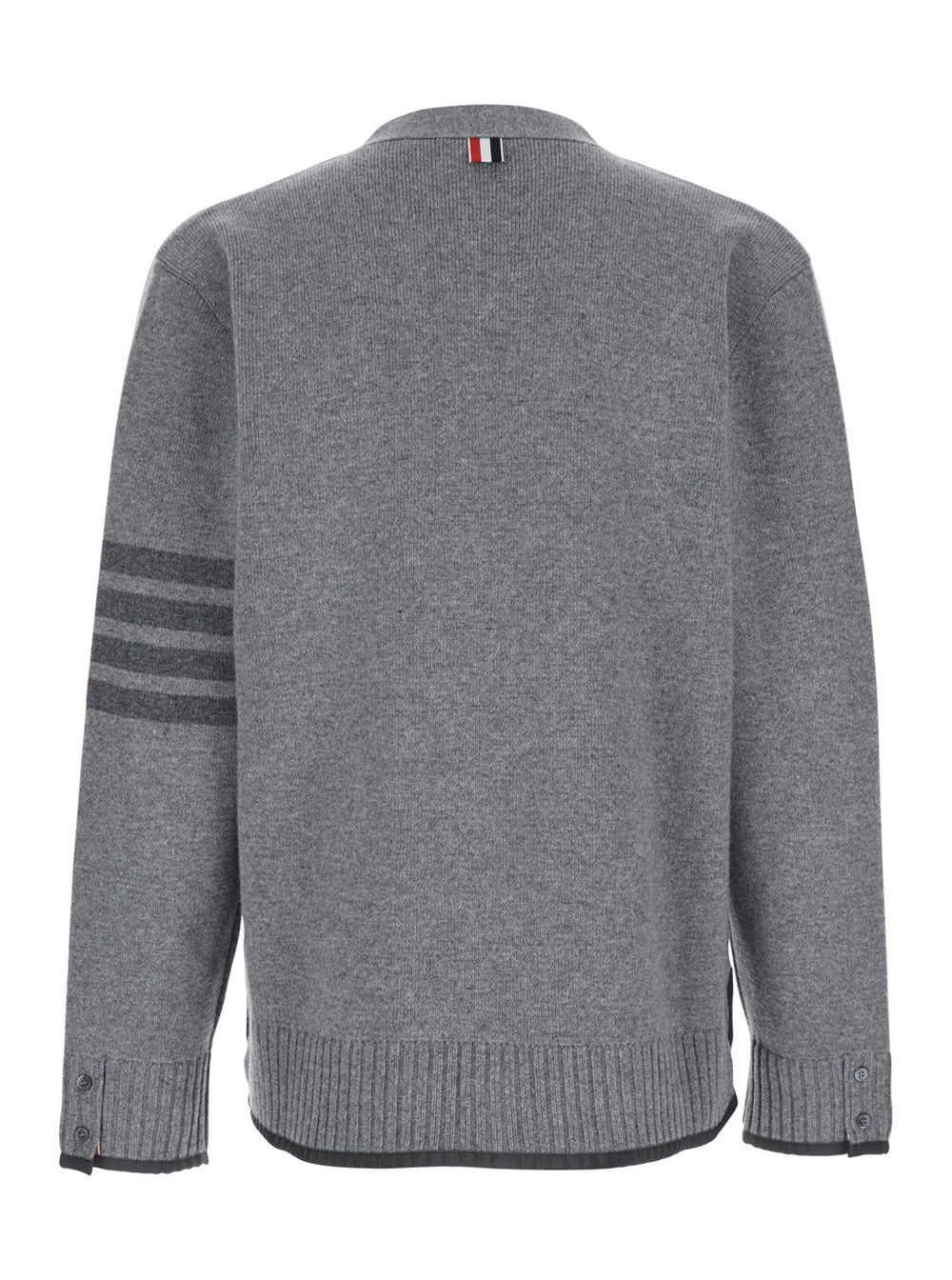 Thom Browne Men Grey Cardigan With V Neck And Striped Detail On The Sleeve In Wool Man