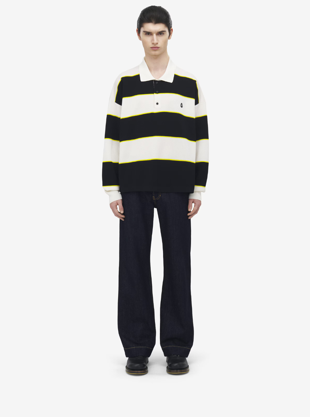 Alexander Mcqueen Men Black And White Long-Sleeve Polo Shirt With Logo Patch On The Front And All-Over Striped Motif In Cotton Blend Man