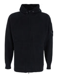 C.P. Company Men Black Cardigan With Drawstring Hood And Logo Plaque On The Sleeve In Wool Blend Man
