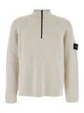 Stone Island Men White Sweater With Logo Patch On The Sleeve And Front Half Zip Closure In Wool Stretch Man