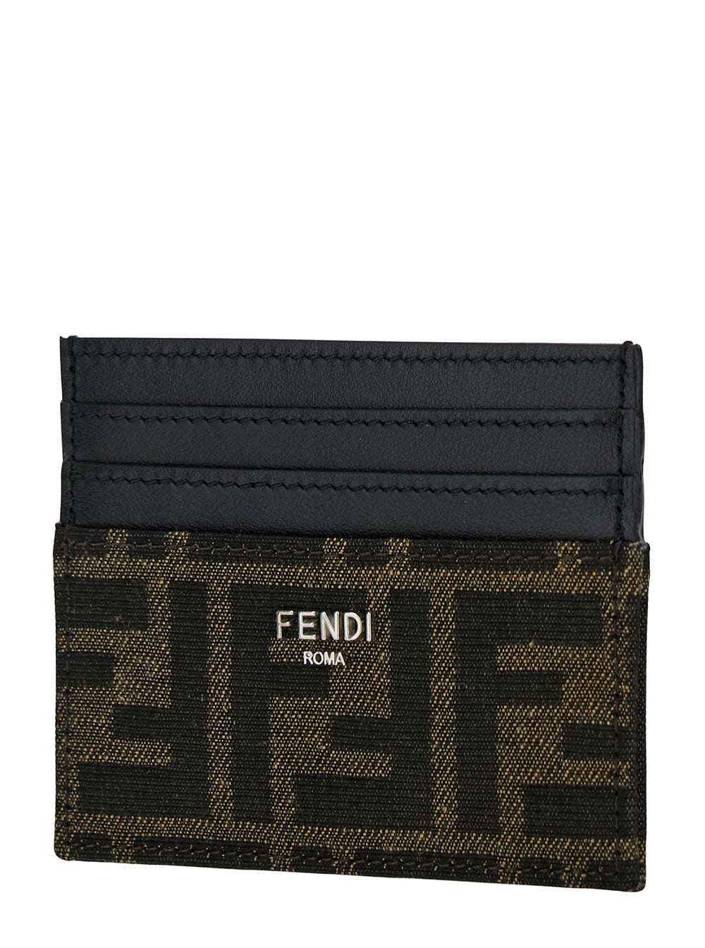 Fendi Men Ff Leather Cardholder With Metal Lettering Brown Men