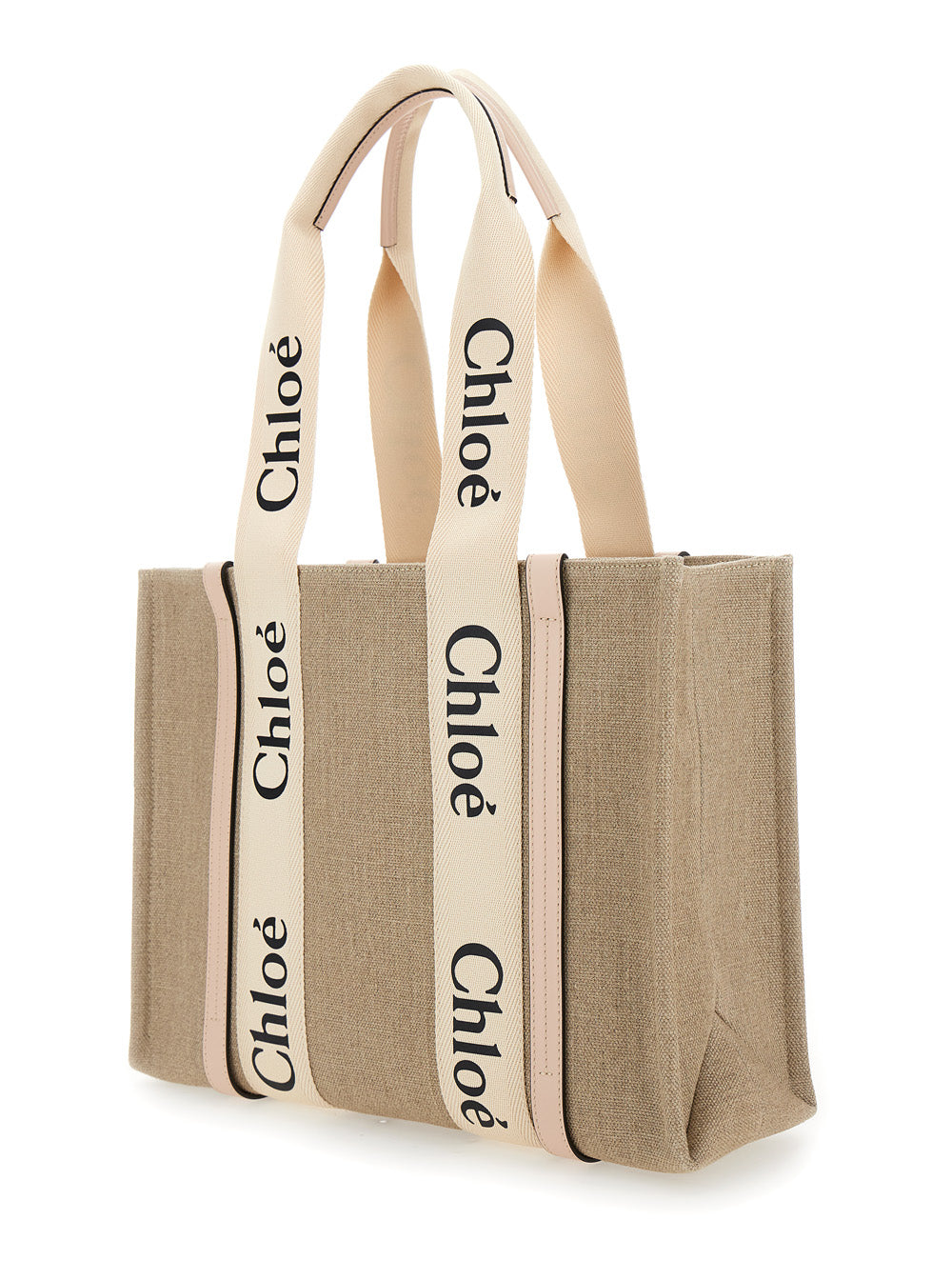Chloé Women Beige 'Medium Woody' Handbag With Logo In Linen Canvas Women