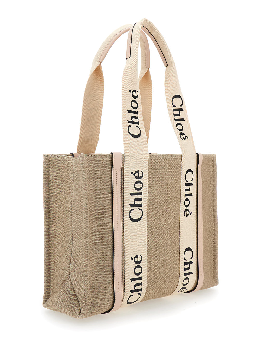 Chloé Women Beige 'Medium Woody' Handbag With Logo In Linen Canvas Women