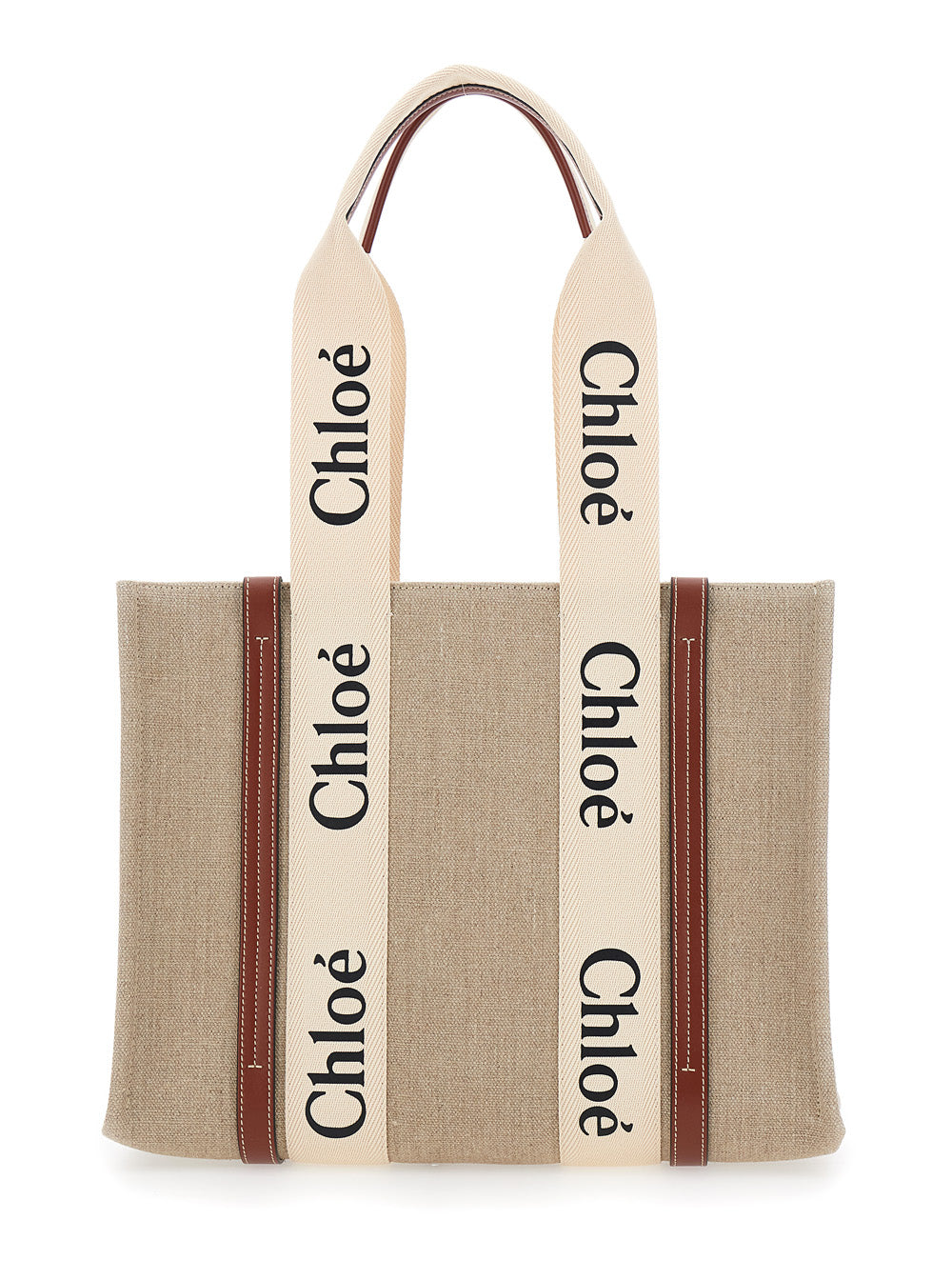 Chloé Women 'Woody' Beige Medium Handbag With Logo Lettering On The Front In Linen For Women