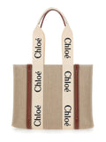 Chloé Women 'Woody' Beige Medium Handbag With Logo Lettering On The Front In Linen For Women