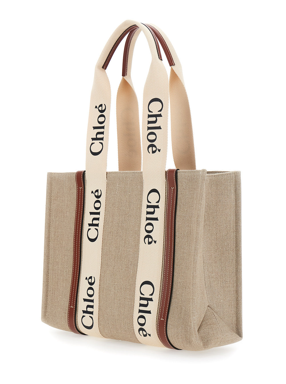 Chloé Women 'Woody' Beige Medium Handbag With Logo Lettering On The Front In Linen For Women