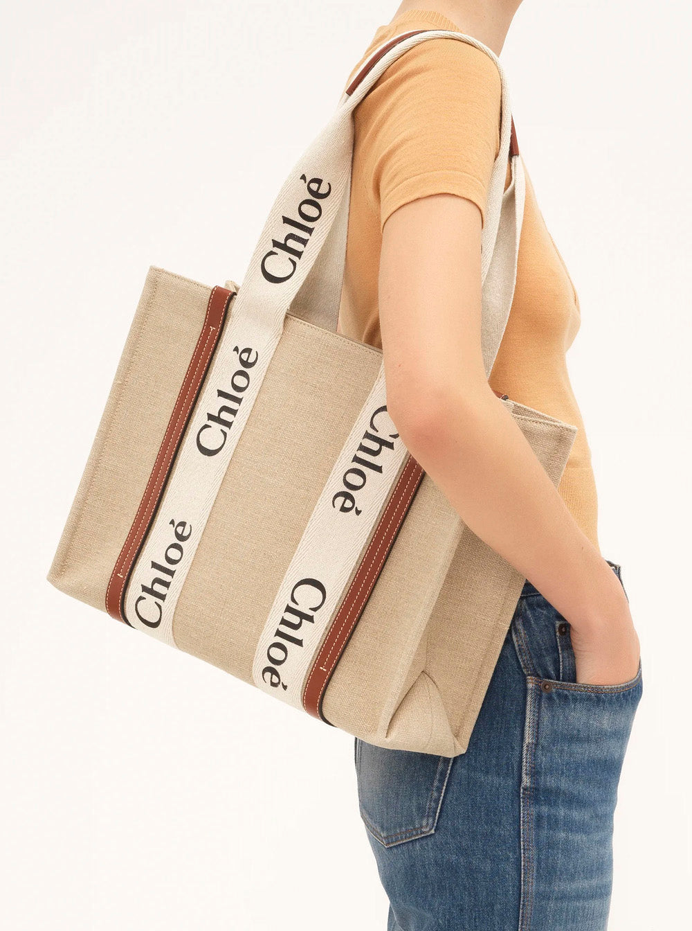 Chloé Women 'Woody' Beige Medium Handbag With Logo Lettering On The Front In Linen For Women