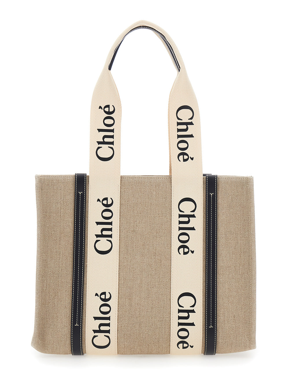 Chloé Women Beige Handbag 'Medium Woody' With Logo Lettering On The Front In Linen For Women
