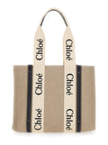 Chloé Women Beige Handbag 'Medium Woody' With Logo Lettering On The Front In Linen For Women