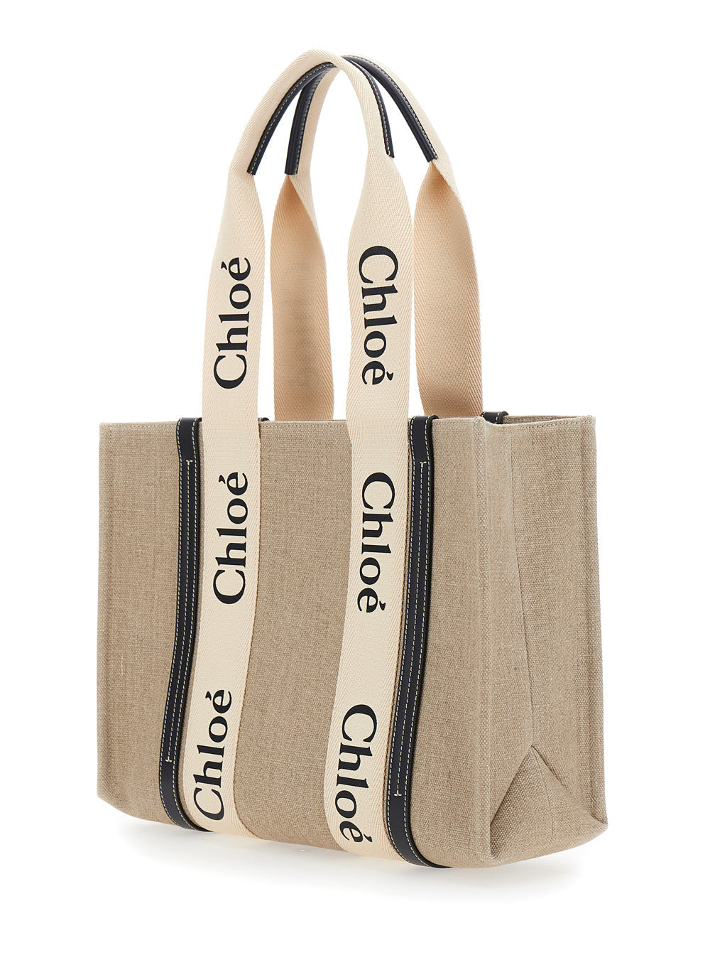 Chloé Women Beige Handbag 'Medium Woody' With Logo Lettering On The Front In Linen For Women