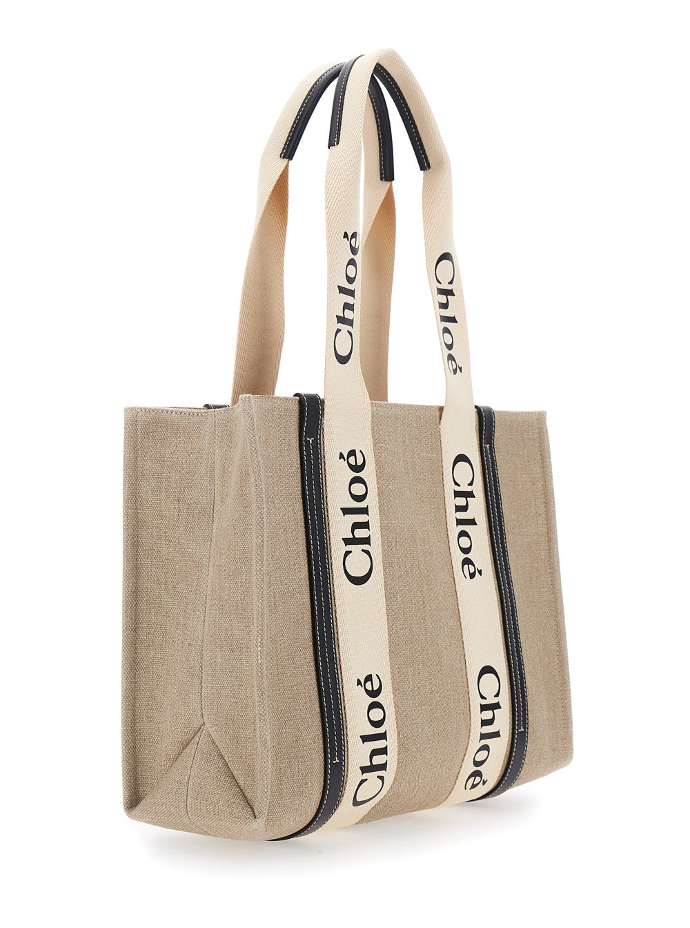 Chloé Women Beige Handbag 'Medium Woody' With Logo Lettering On The Front In Linen For Women