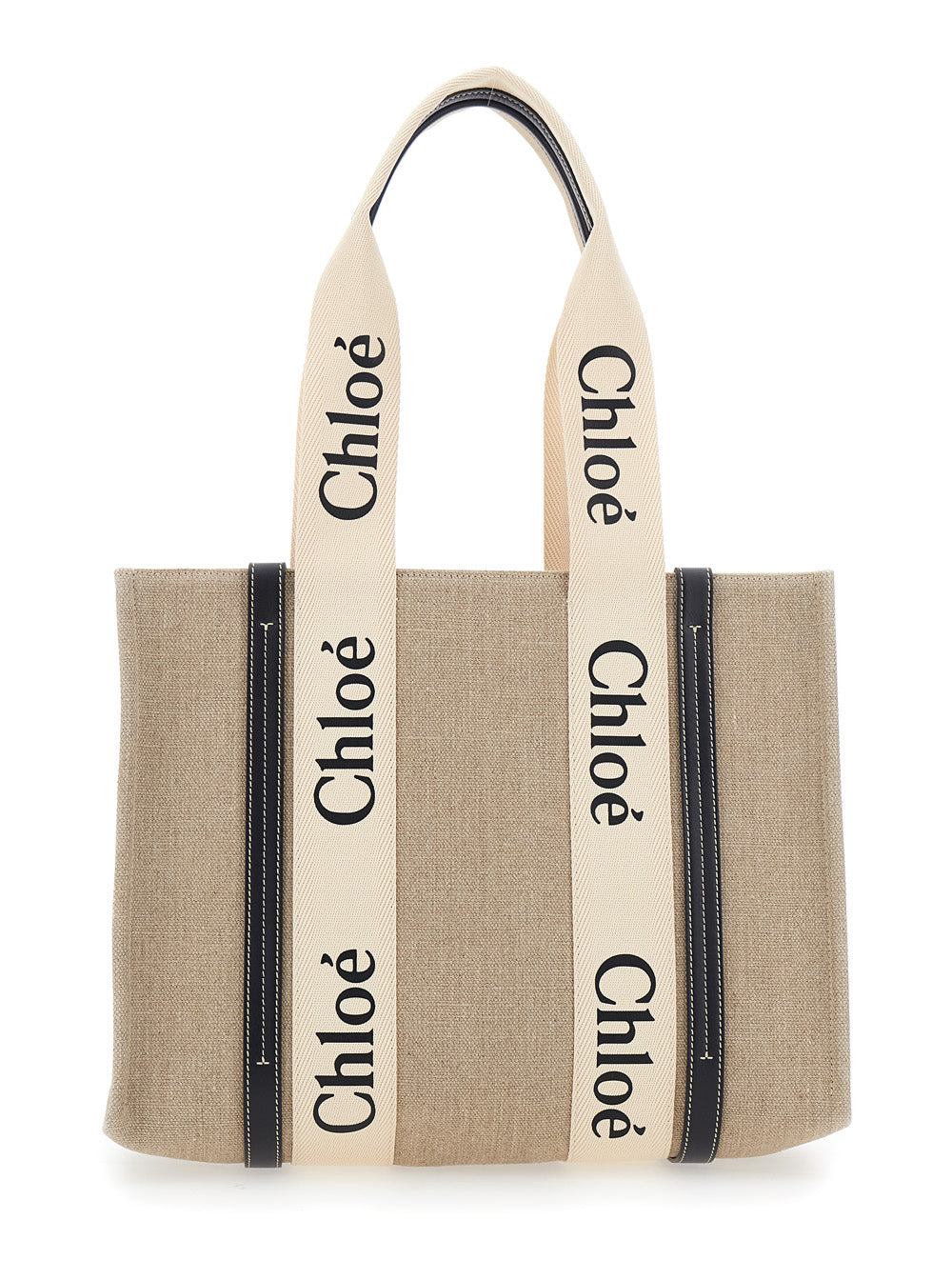 Chloé Women Beige Handbag 'Medium Woody' With Logo Lettering On The Front In Linen For Women