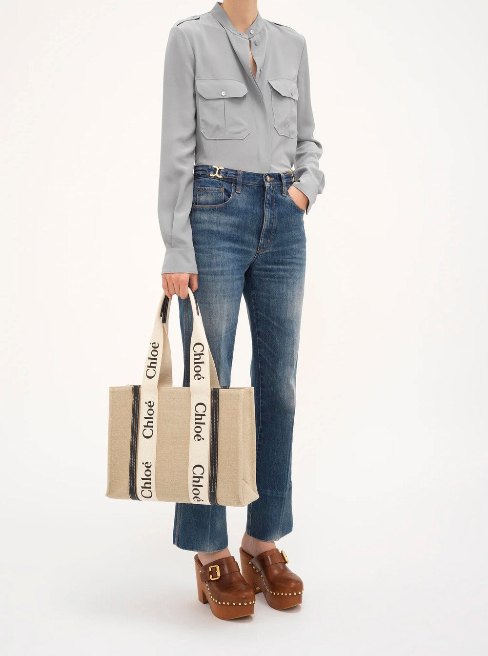 Chloé Women Beige Handbag 'Medium Woody' With Logo Lettering On The Front In Linen For Women