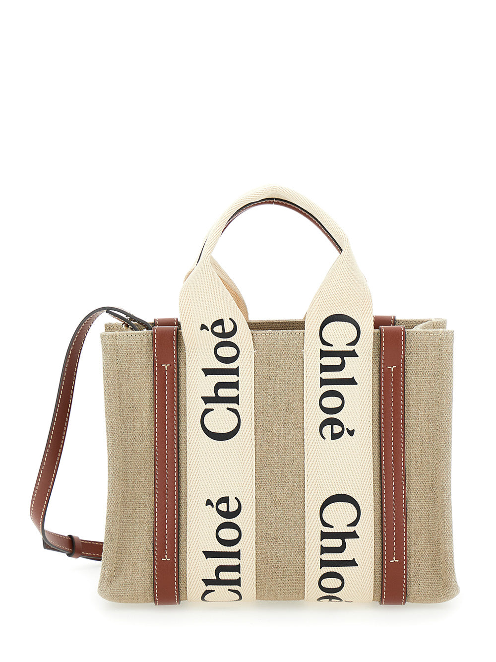 Chloé Women Beige 'Woody' Tote Bag With Logoed Ribbons In Canvas And Leather For Women