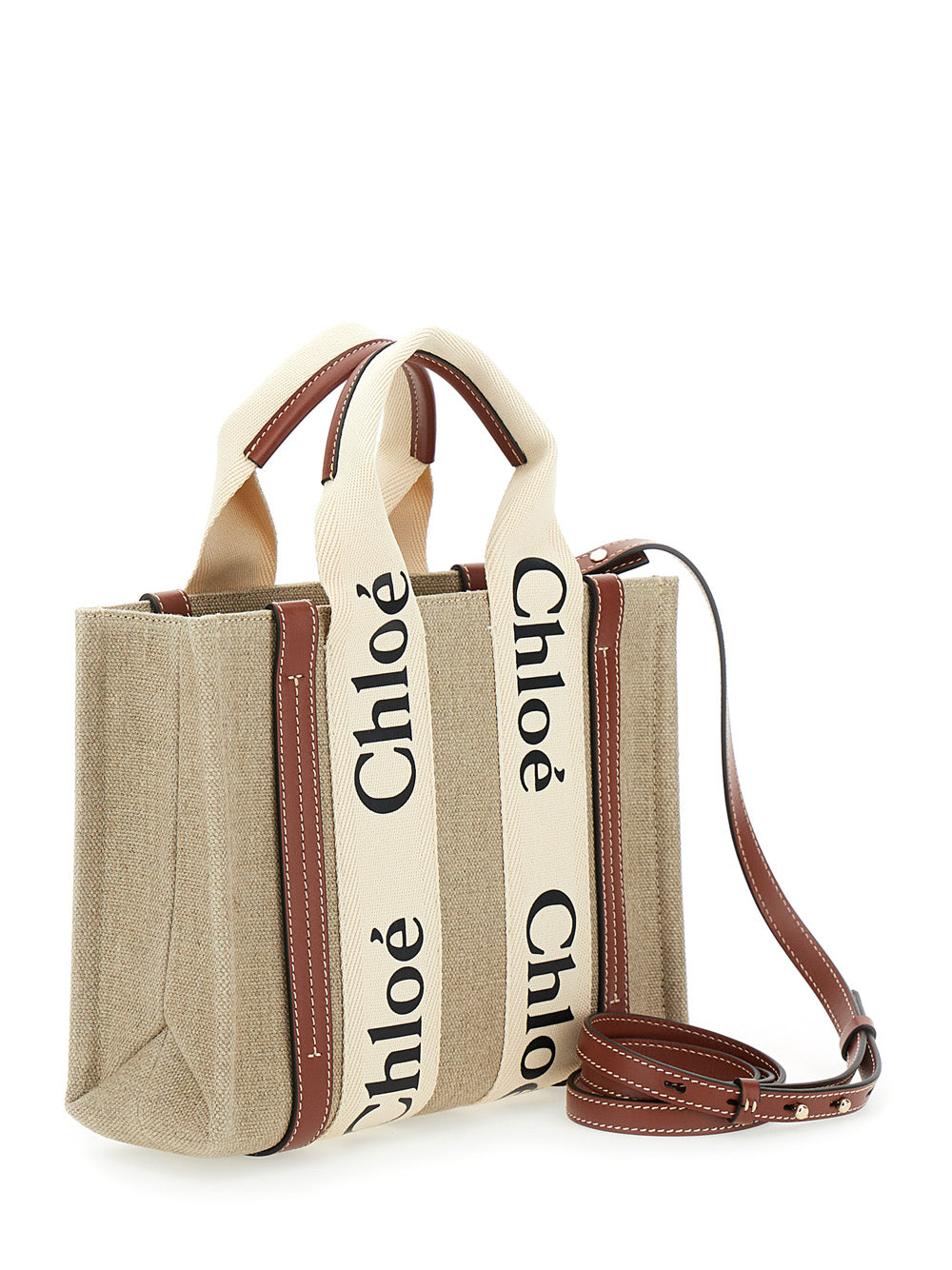 Chloé Women Beige 'Woody' Tote Bag With Logoed Ribbons In Canvas And Leather For Women